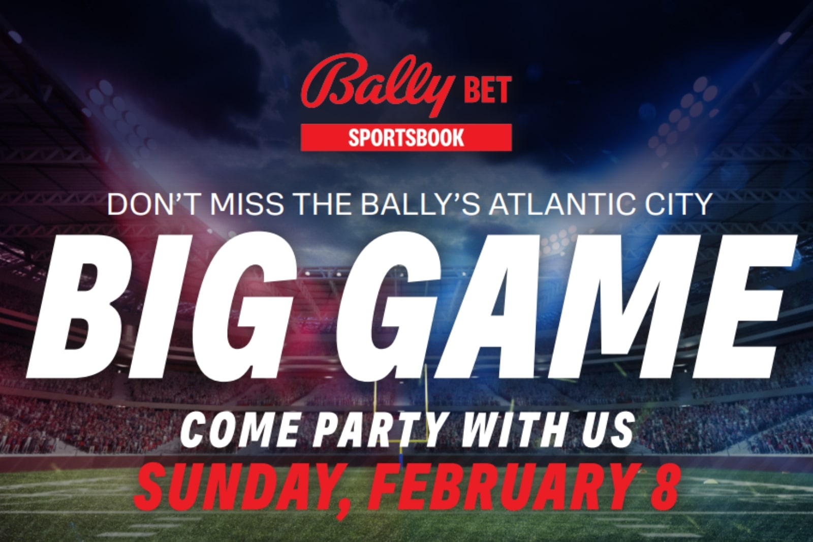 a sports event advertisement with a stadium and lights