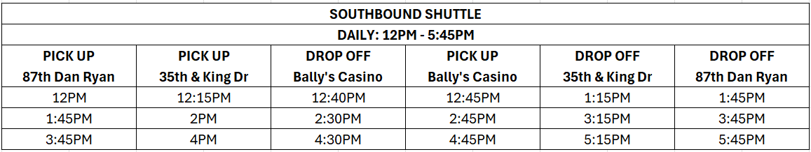 a shuttle schedule with numbers and time