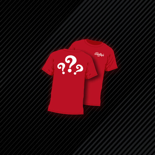 a red shirt with white question marks on it