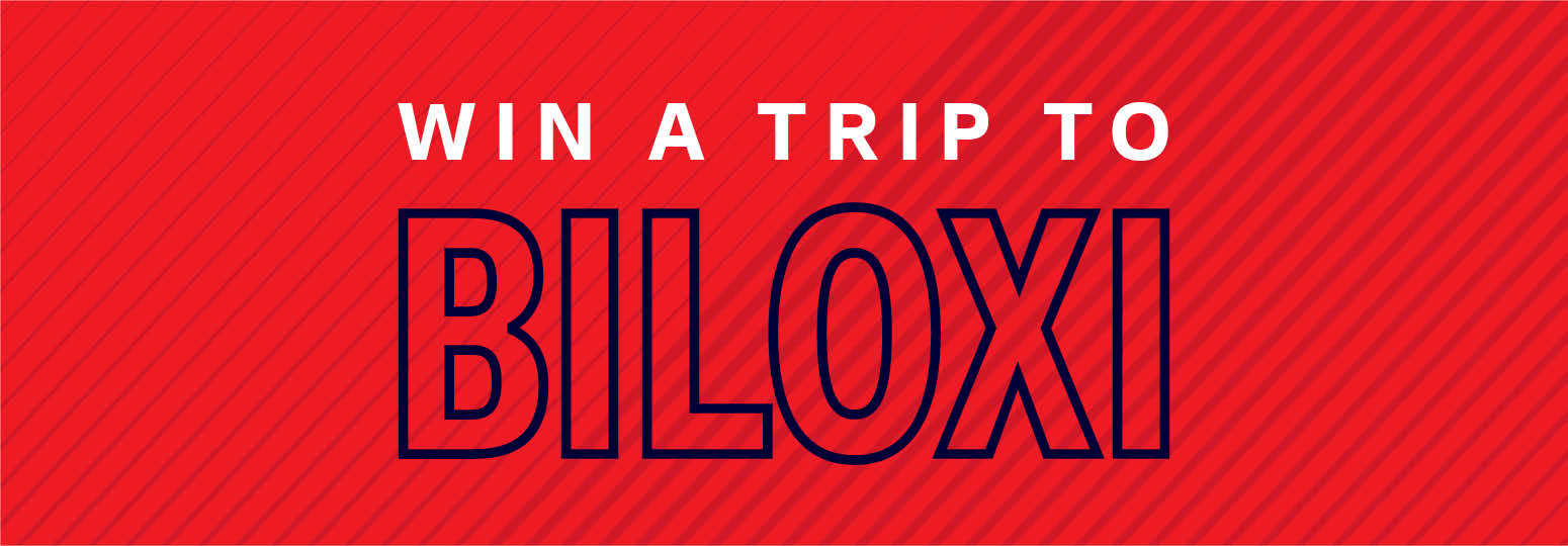 a red and white striped background with blue text