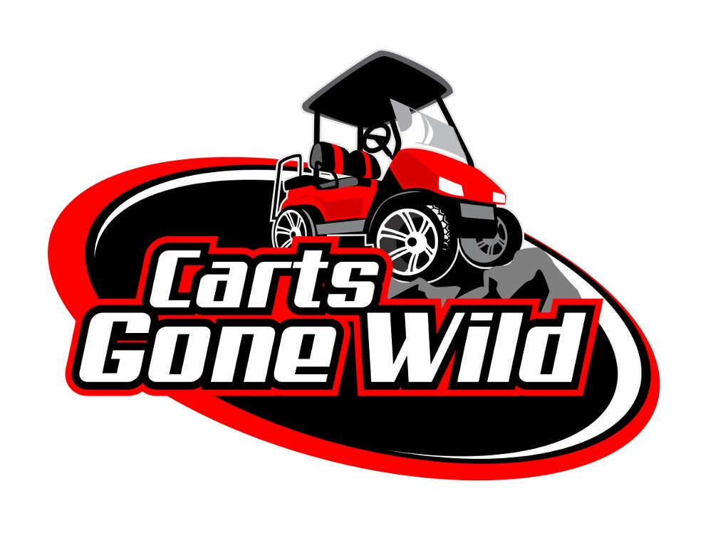 a red golf cart with black and white text