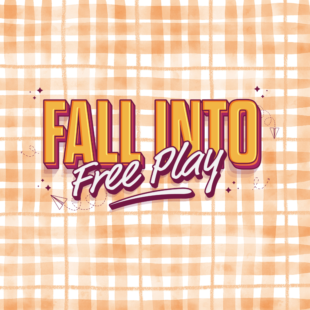 Fall into free play logo with orange and white plaid background