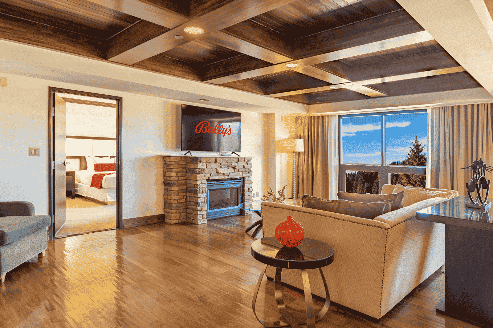 Room with TV, couch, separate bedroom