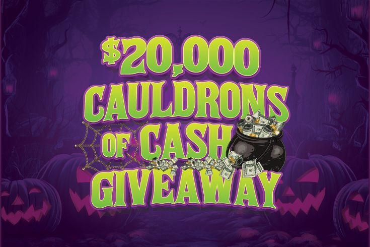 a purple and green text with a cauldron of money
