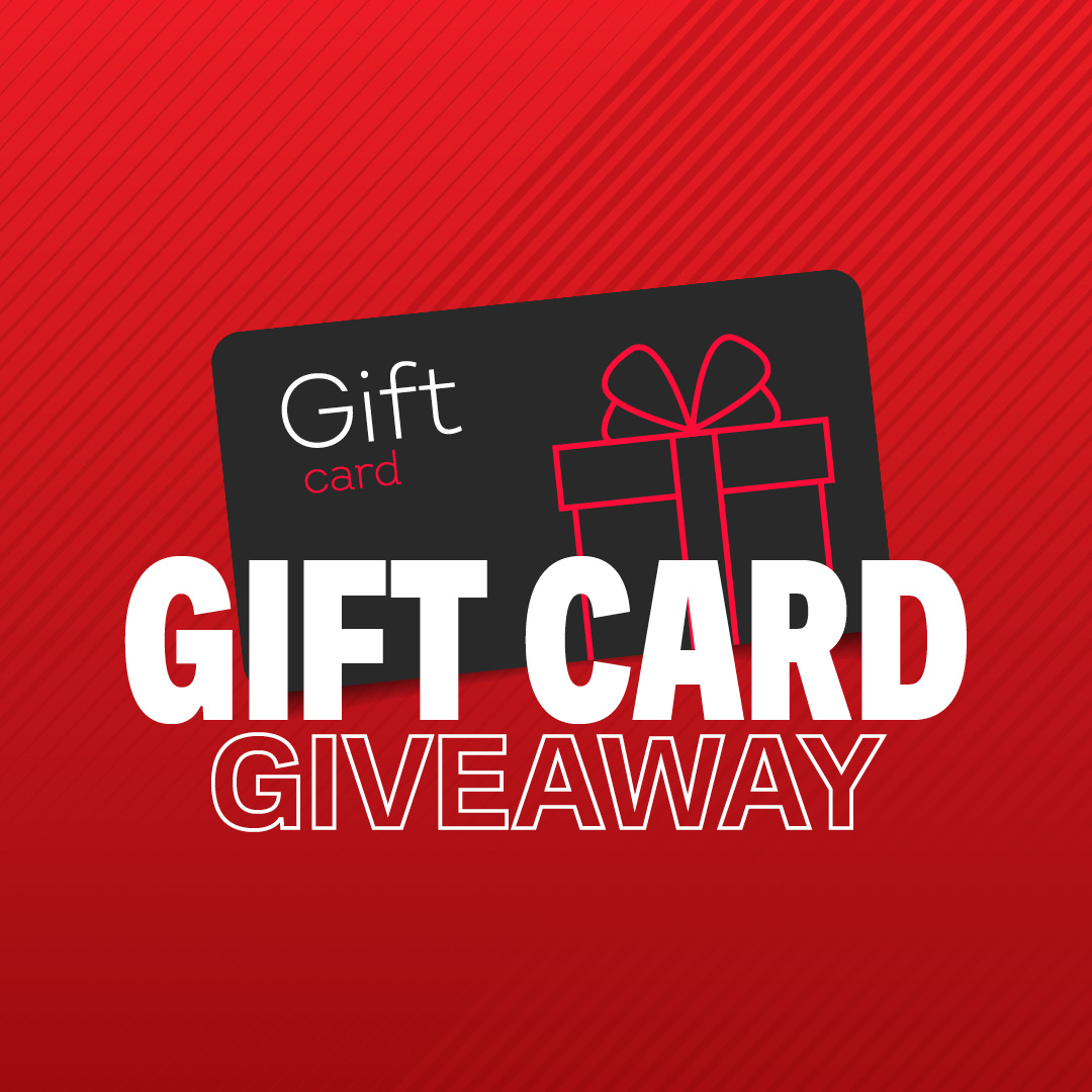 a red background with a black gift card and white text
