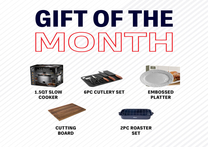 1.5qt slow cooker, 6pc cutlery set, embossed platter, cutting board and 2pc roaster set.