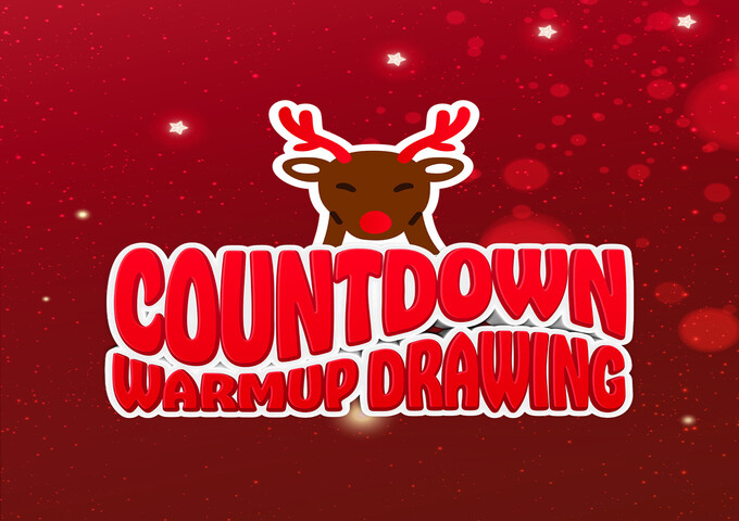 a red and white text with a reindeer