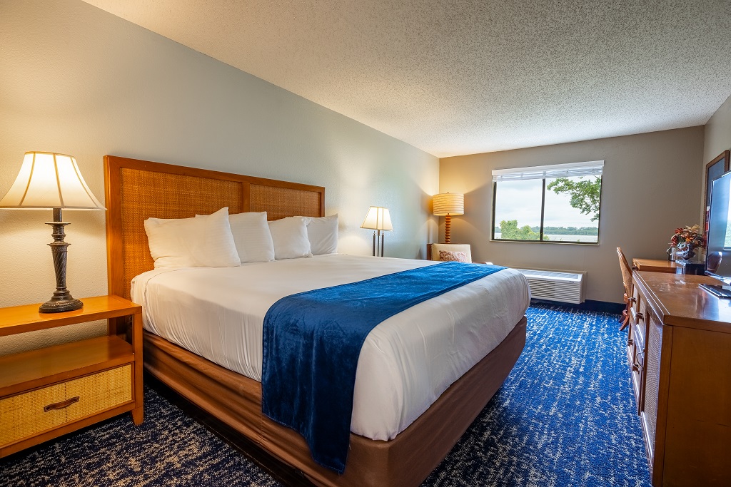 a room with a bed and a lamp